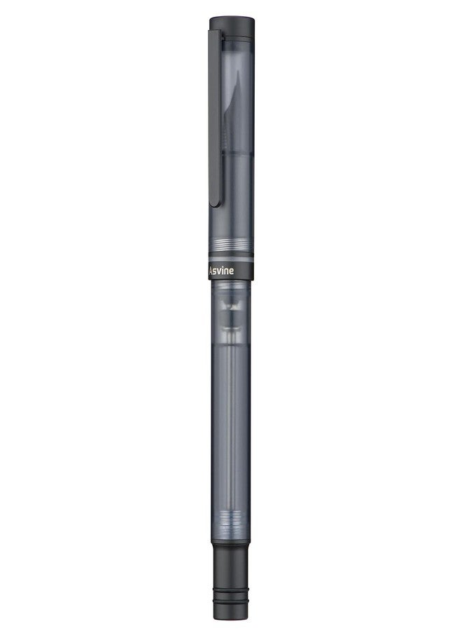 Asvine V200 Titanium Fountain Pen Vacuum Filling, Matte Black Bock Broad Nib Transparent Acrylic Smooth Writing Pen Case Set - Image 1